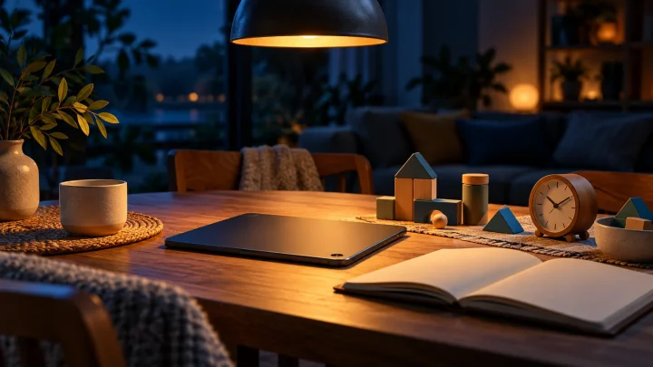 A face-down tablet on a family table beside a notebook, clock and toys
