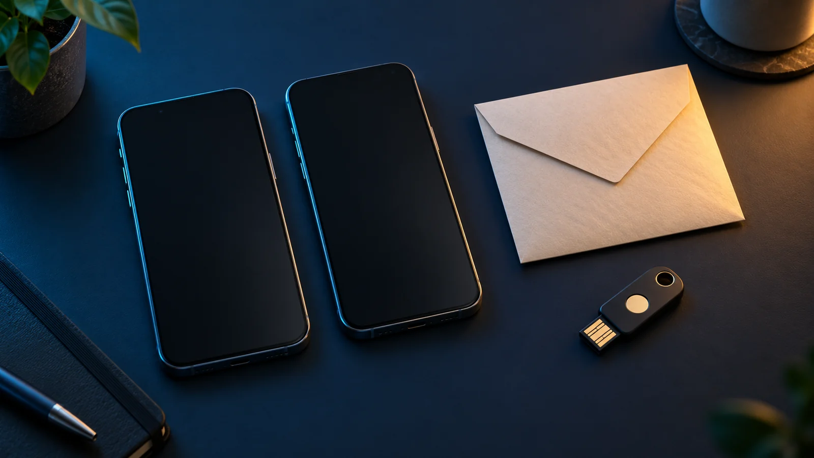 Conceptual illustration of old and new phones, a backup key and a sealed envelope