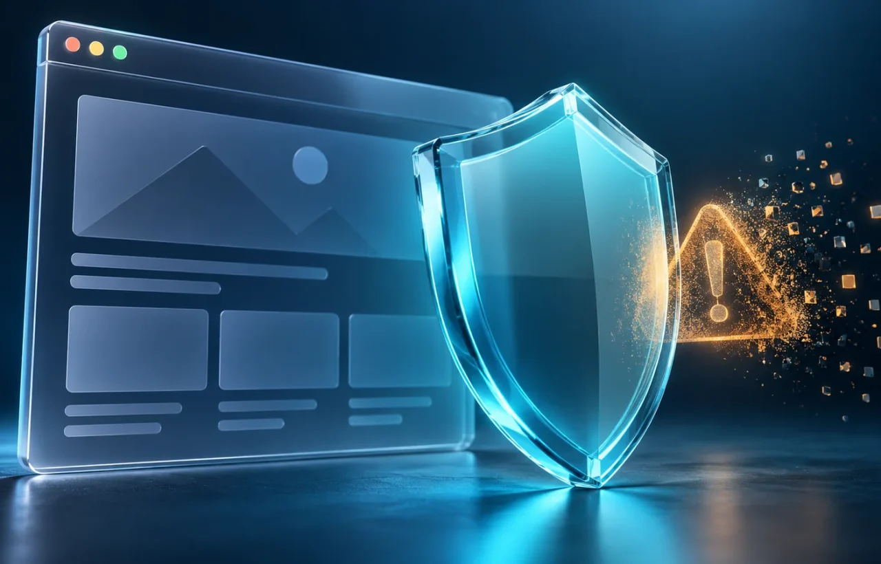 Editorial illustration of a browser, protective shield and update on a dark background