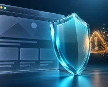 Editorial illustration of a browser, protective shield and update on a dark background