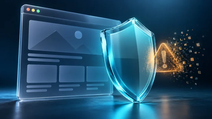 Editorial illustration of a browser, protective shield and update on a dark background