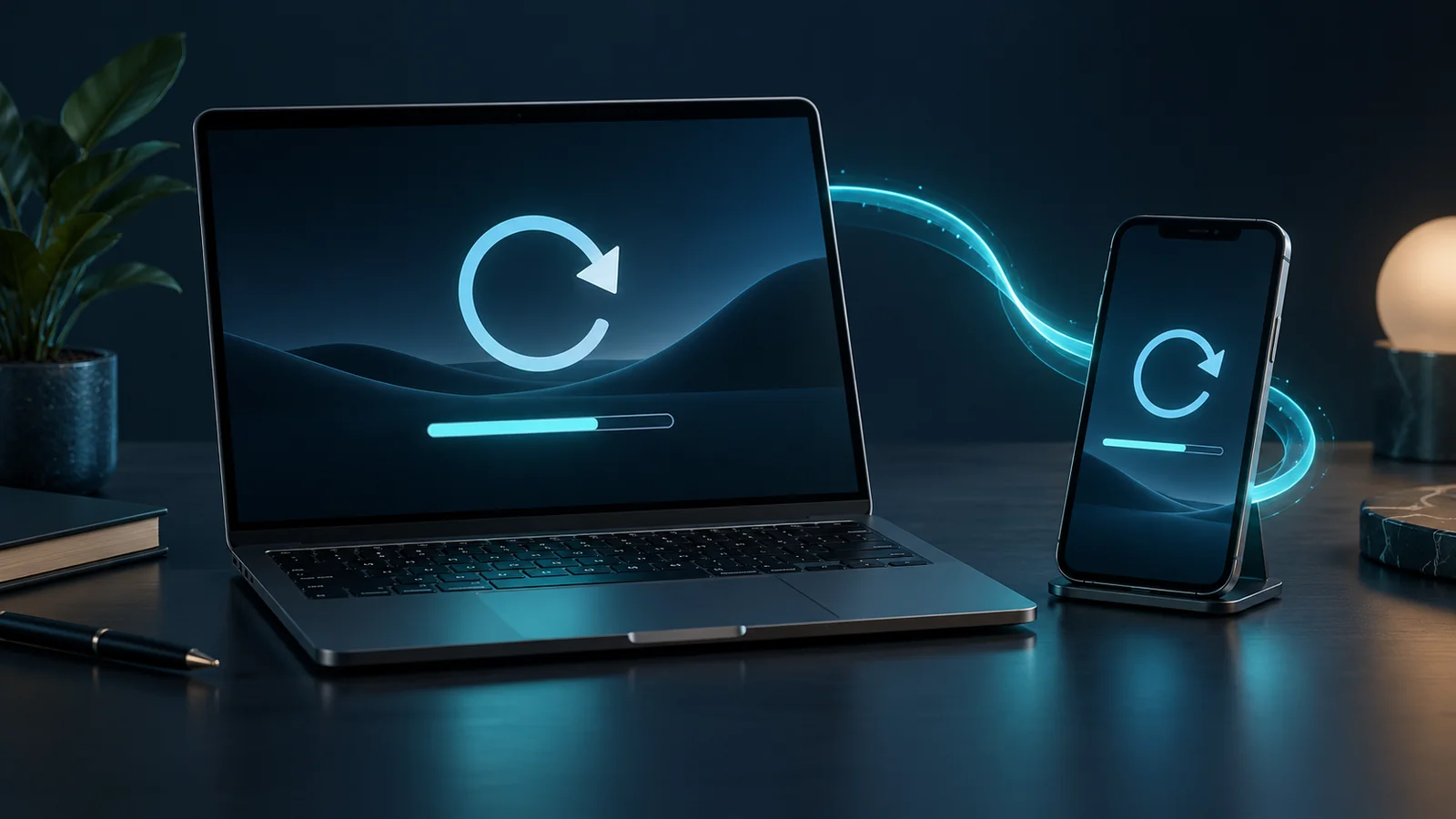 Editorial illustration of a laptop and phone with update and completed-check symbols