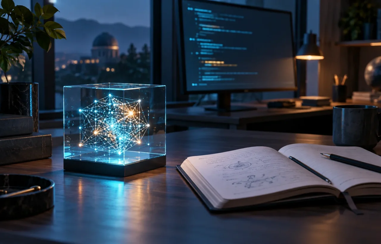 Glowing computational structure inside a glass cube beside a notebook