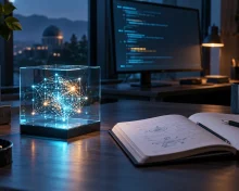 Glowing computational structure inside a glass cube beside a notebook