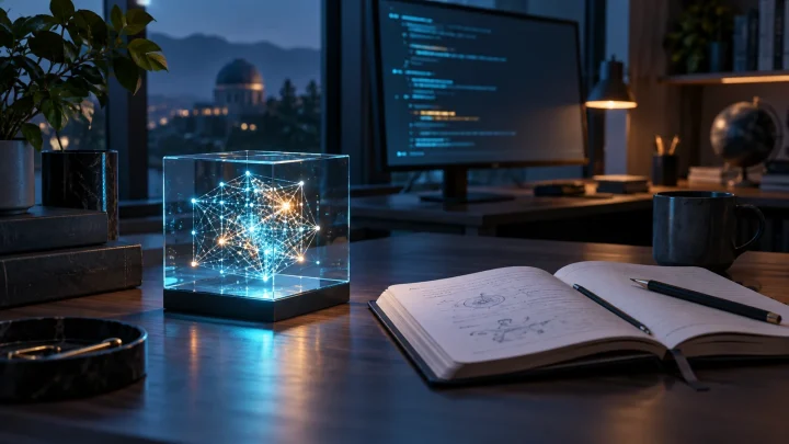 Glowing computational structure inside a glass cube beside a notebook