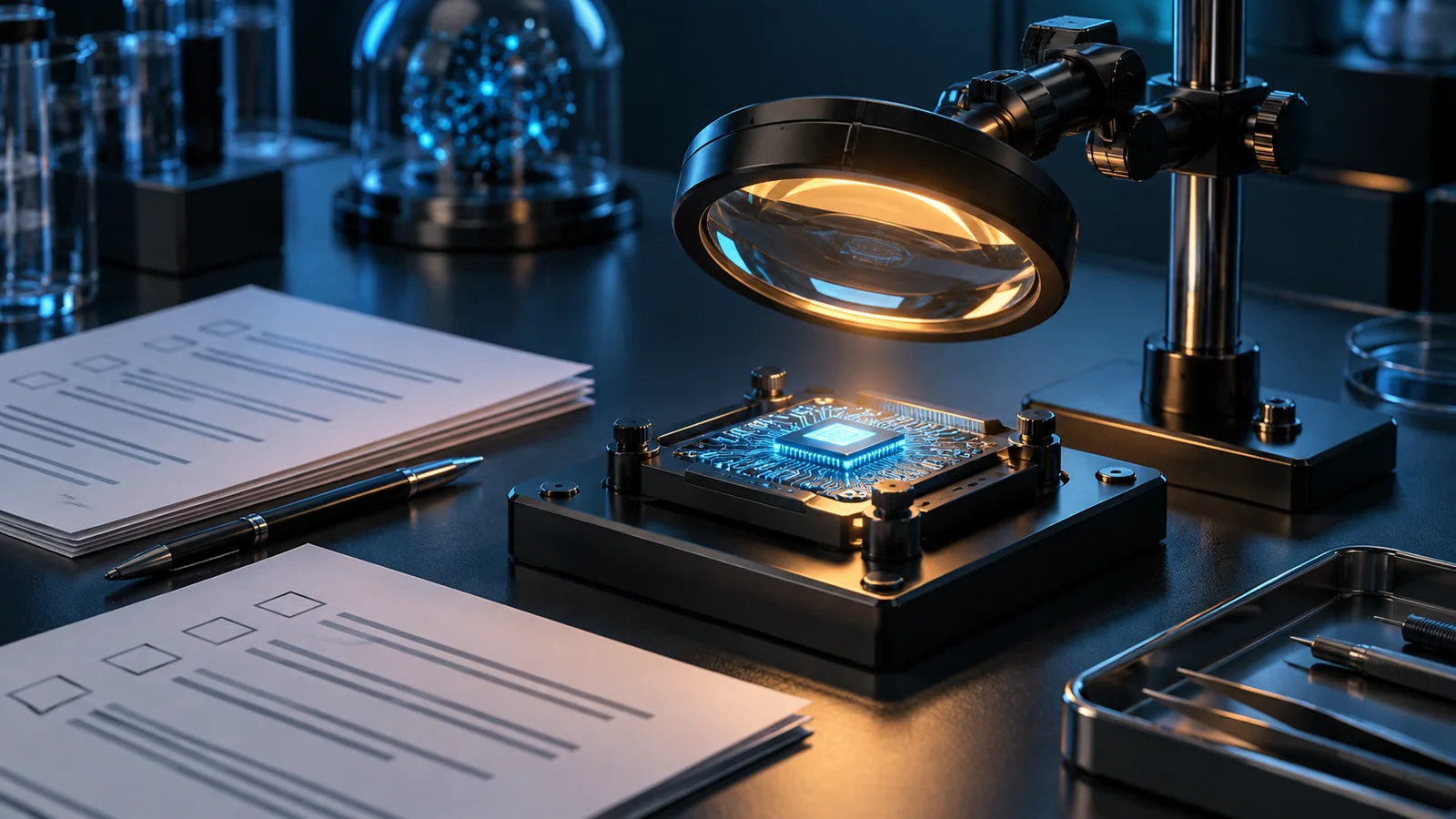 Inspection lens above an electronic module beside paper sheets