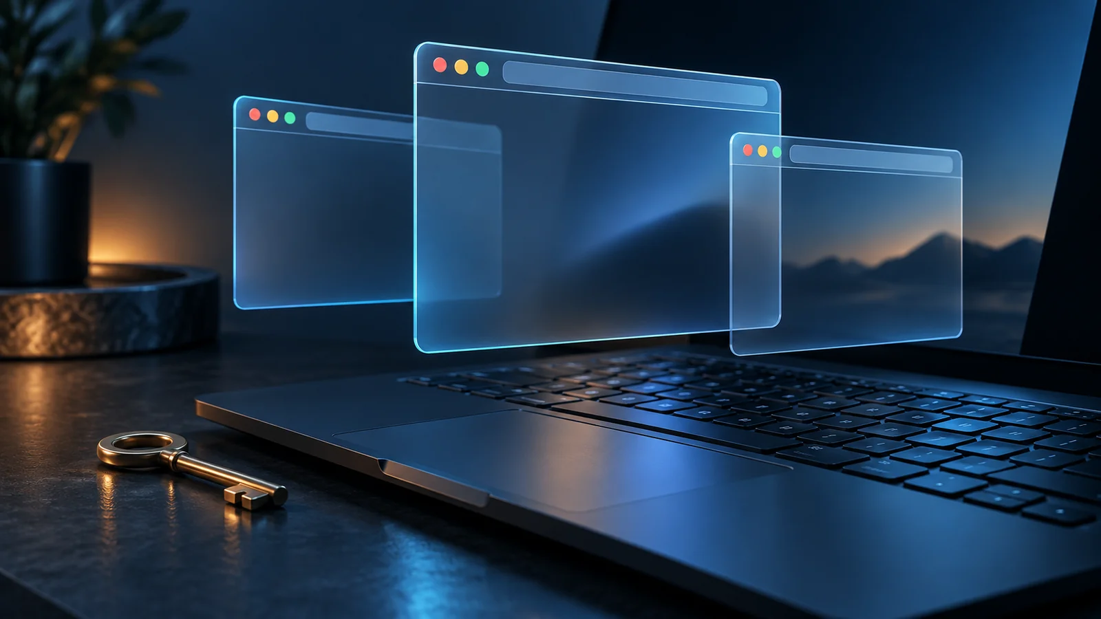 Translucent browser windows above a keyboard beside a key