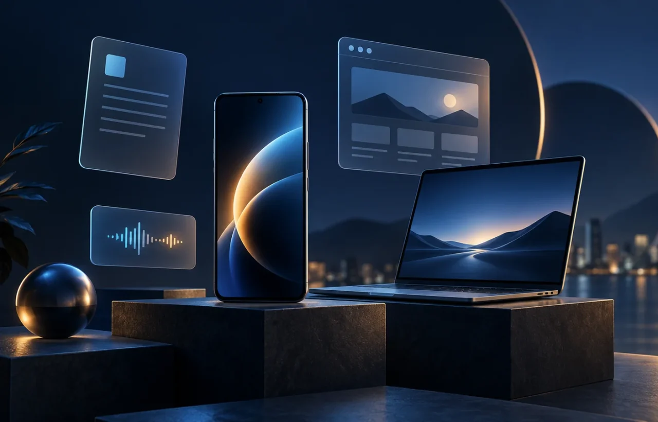 Smartphone, laptop and translucent cards on dark platforms