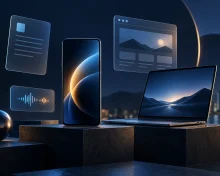 Smartphone, laptop and translucent cards on dark platforms