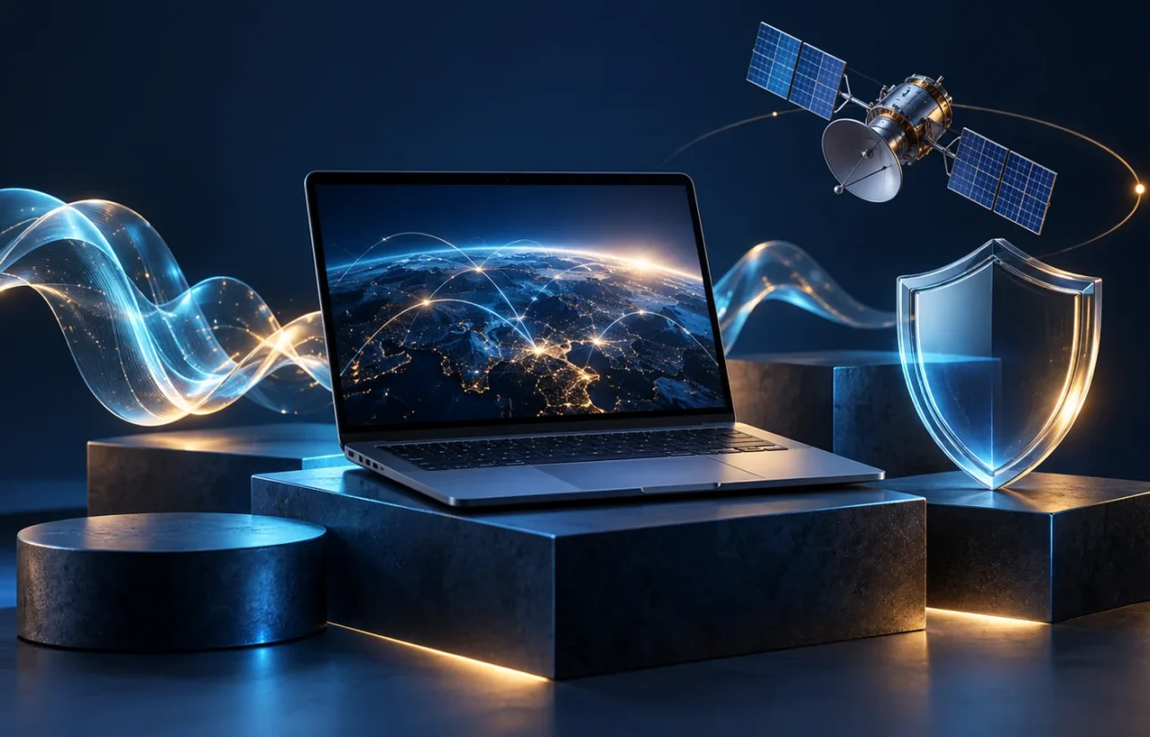 Laptop, sound wave, glass shield and conceptual satellite against a dark background