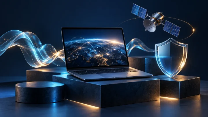 Laptop, sound wave, glass shield and conceptual satellite against a dark background