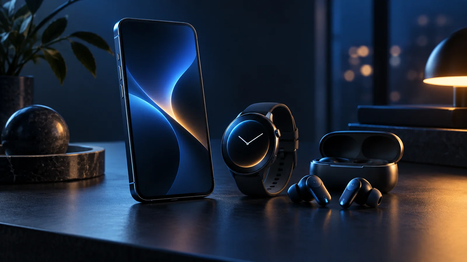 Generic smartphone, watch and wireless earbuds