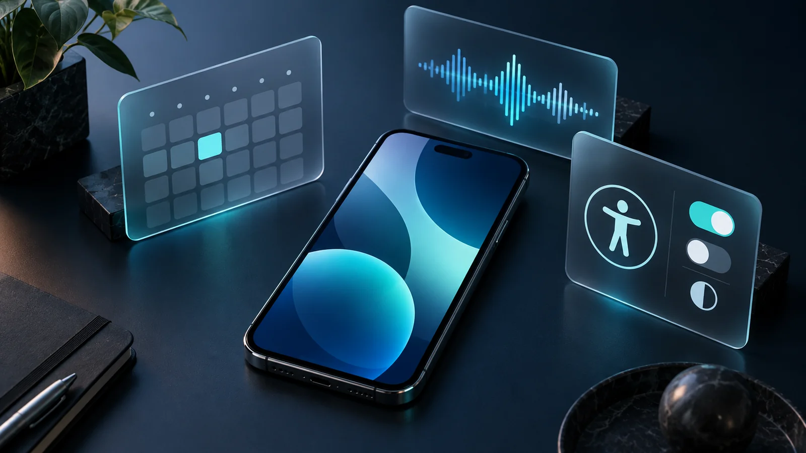 Smartphone, calendar and audio waveform in an abstract composition