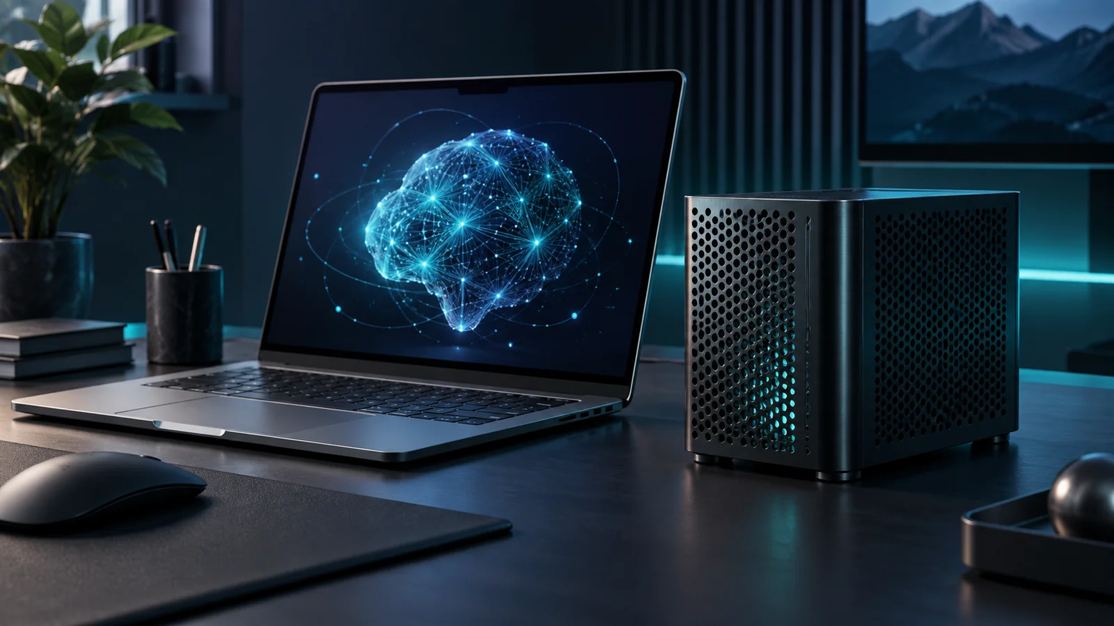 Compact workstation beside a laptop