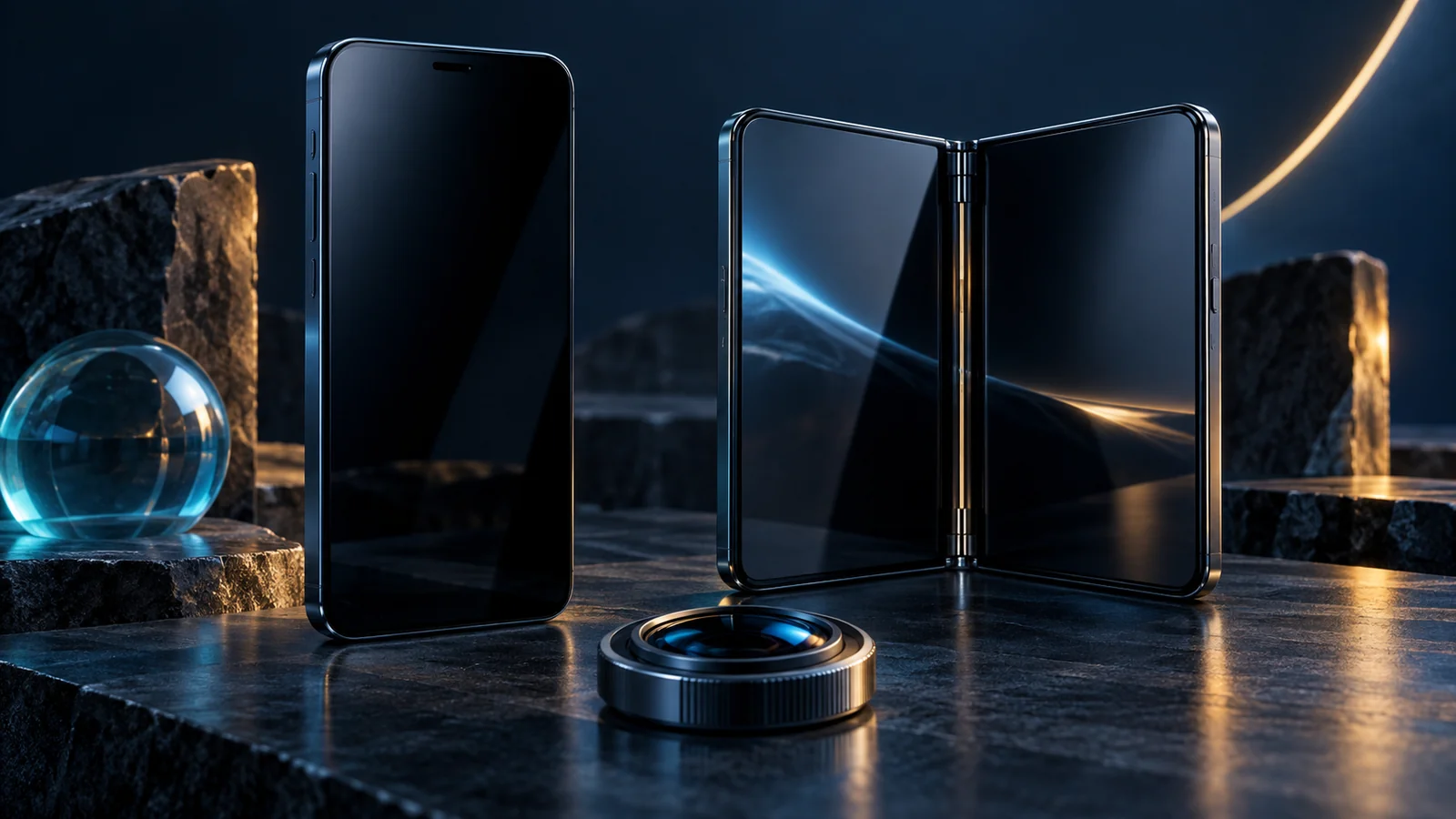 Conventional and folding smartphones beside a lens on a dark surface