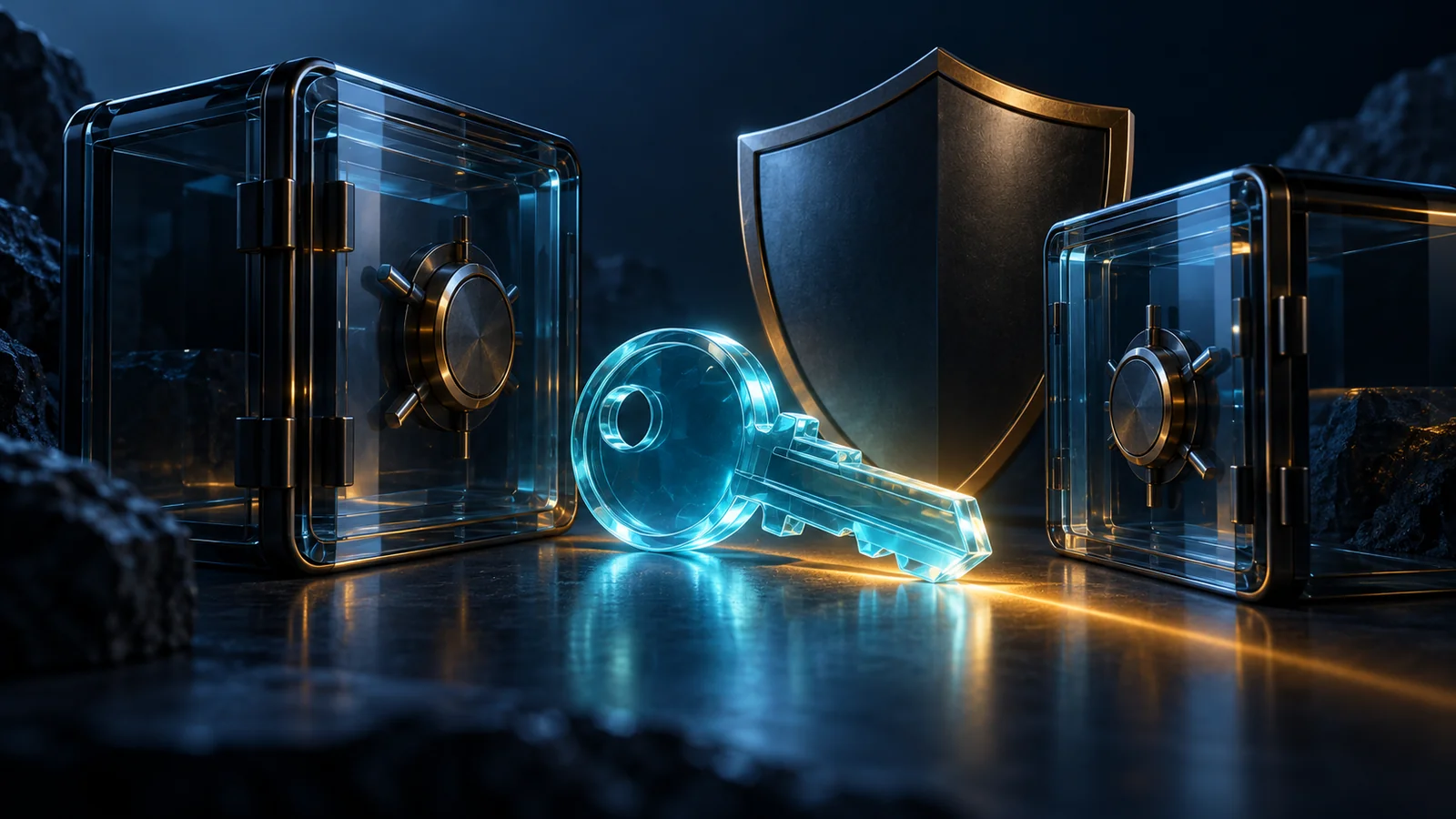 Transparent blue key between two glass vaults with a shield behind it
