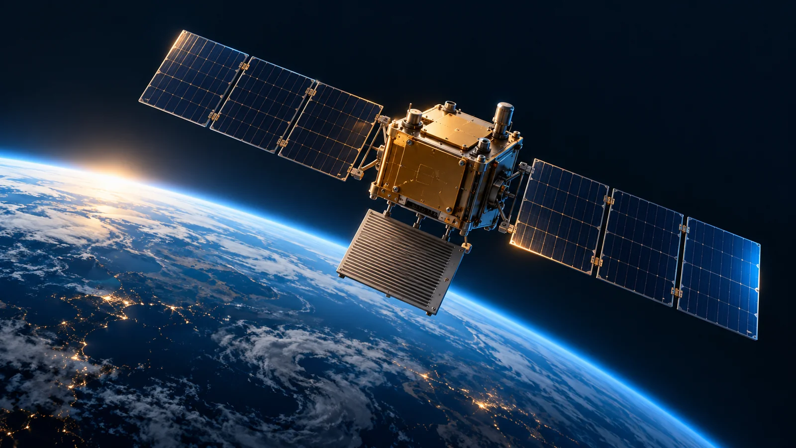 Conceptual research satellite with solar panels above Earth