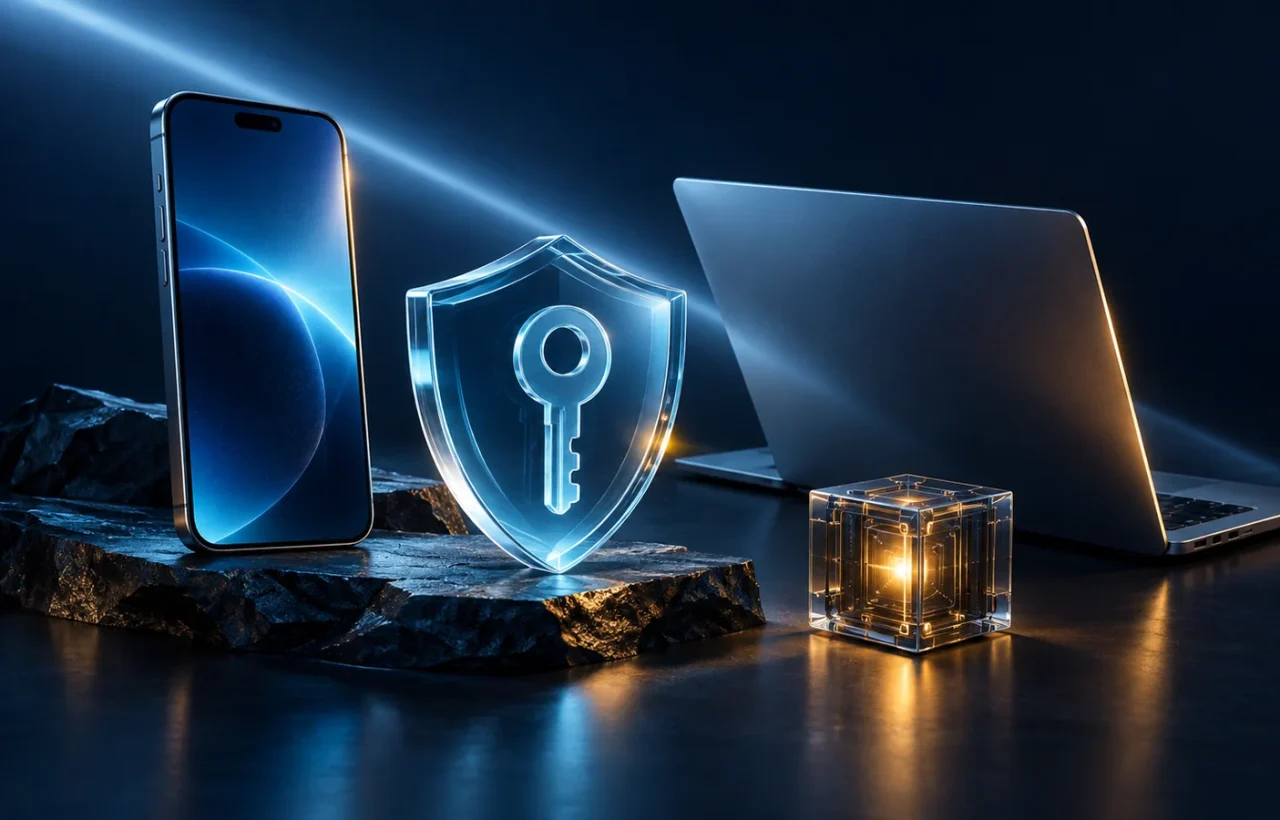 Smartphone, laptop, transparent shield with a key and glowing cube on a dark background