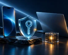 Smartphone, laptop, transparent shield with a key and glowing cube on a dark background