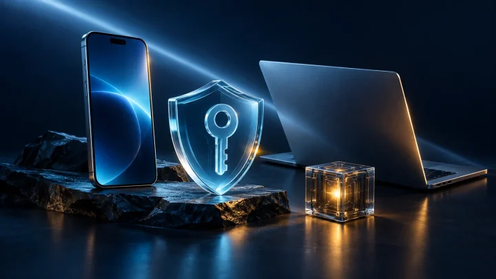 Smartphone, laptop, transparent shield with a key and glowing cube on a dark background
