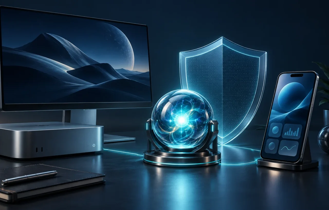 Computer, smartphone, computing core and protective shield against a dark background
