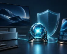 Computer, smartphone, computing core and protective shield against a dark background