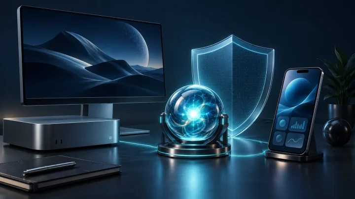 Computer, smartphone, computing core and protective shield against a dark background