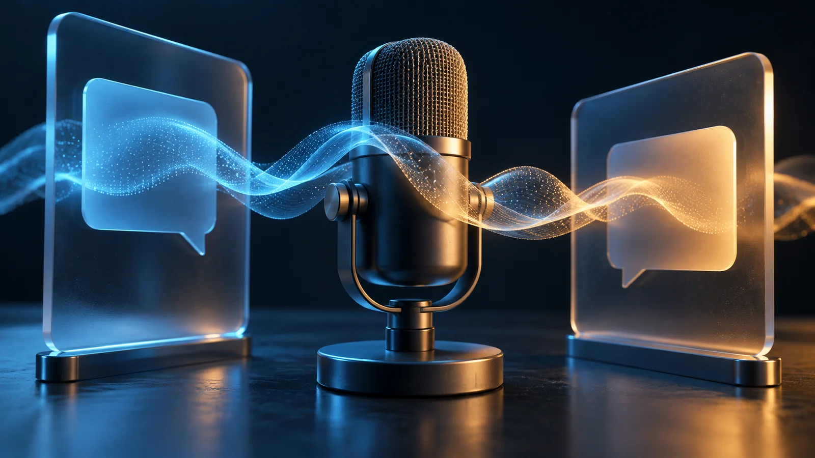 Studio microphone between glass conversation panels with a luminous wave