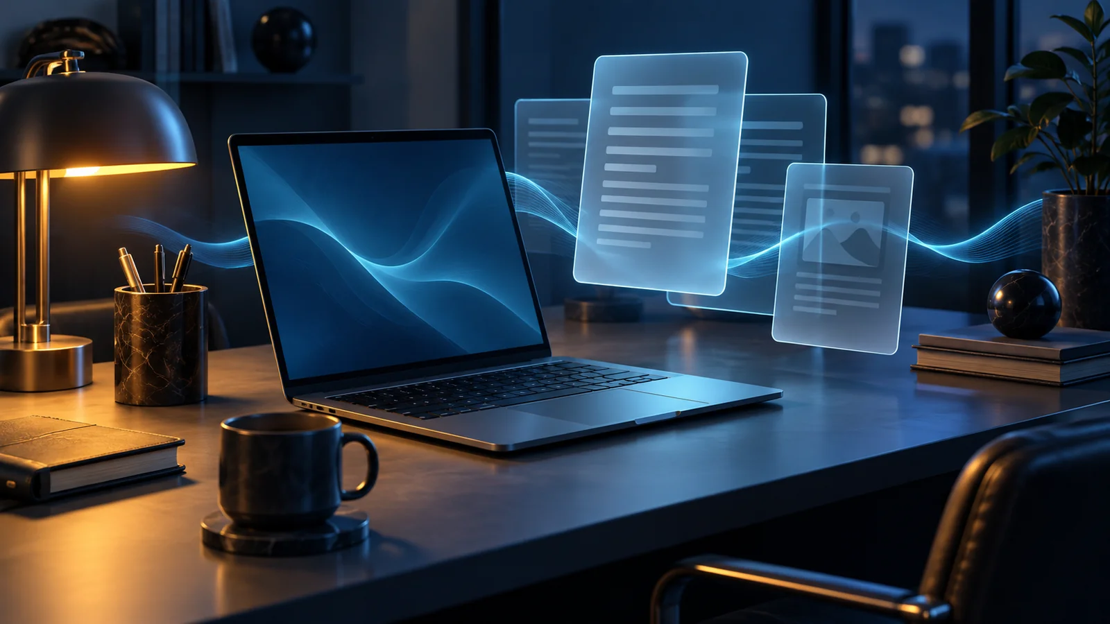 Laptop, translucent document cards and a blue wave above a desk