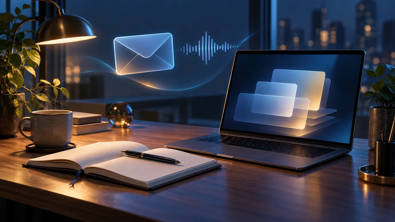 Laptop, paper notebook and glowing envelope symbol