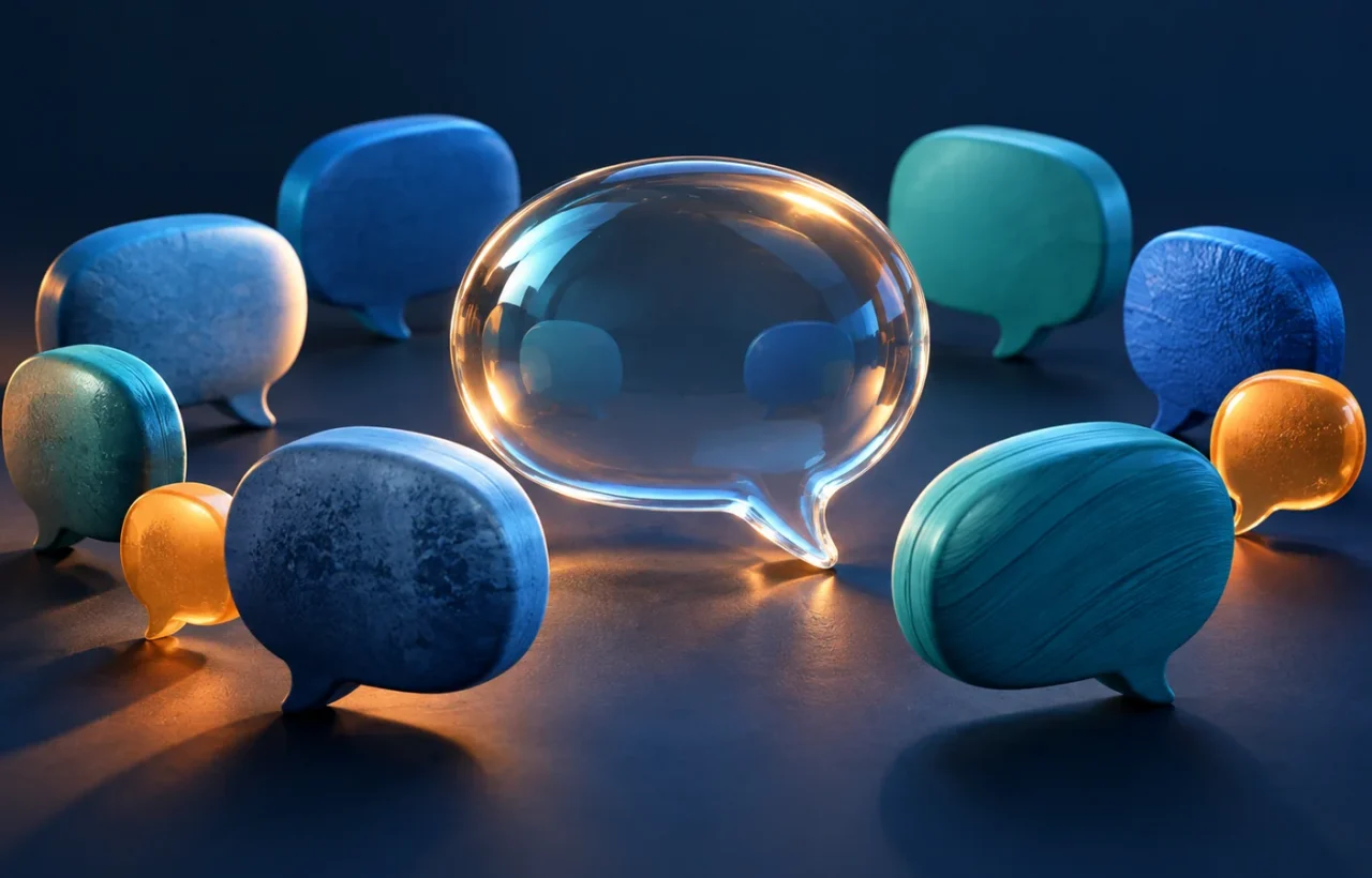 Blue and teal speech bubbles surrounding a transparent central bubble