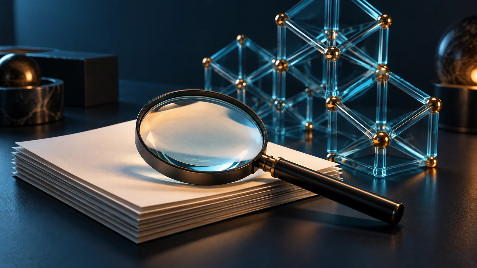Magnifying glass over a blank sheet of paper beside a structure of glass and amber nodes