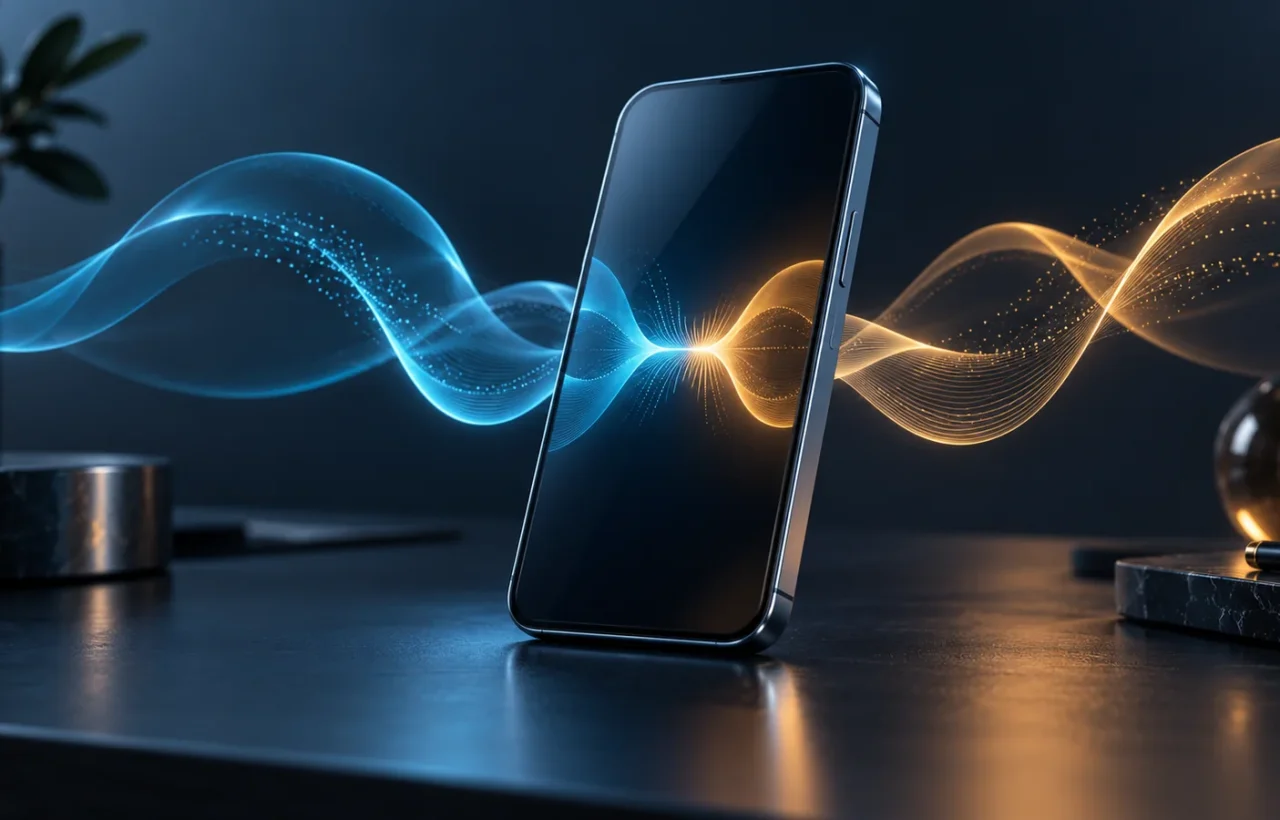 Smartphone with cyan and amber sound waves