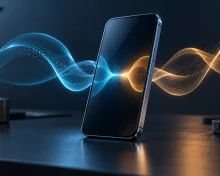 Smartphone with cyan and amber sound waves