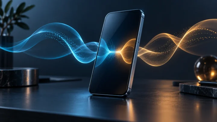 Smartphone with cyan and amber sound waves