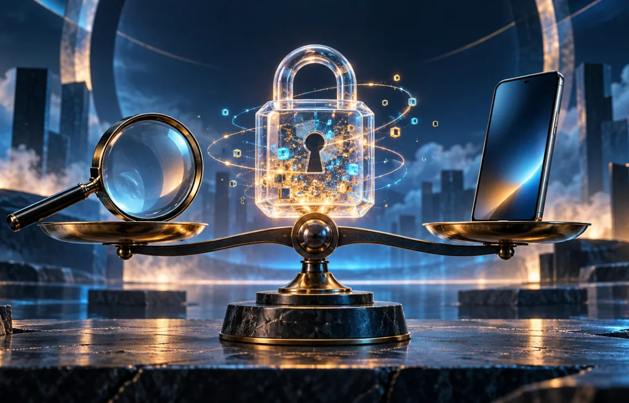 Balance scales holding a magnifying glass and smartphone beside a transparent padlock