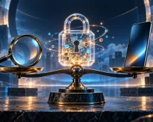 Balance scales holding a magnifying glass and smartphone beside a transparent padlock