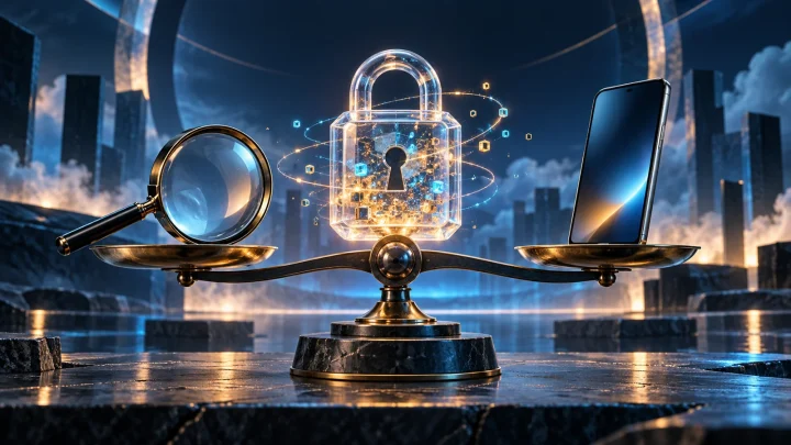 Balance scales holding a magnifying glass and smartphone beside a transparent padlock