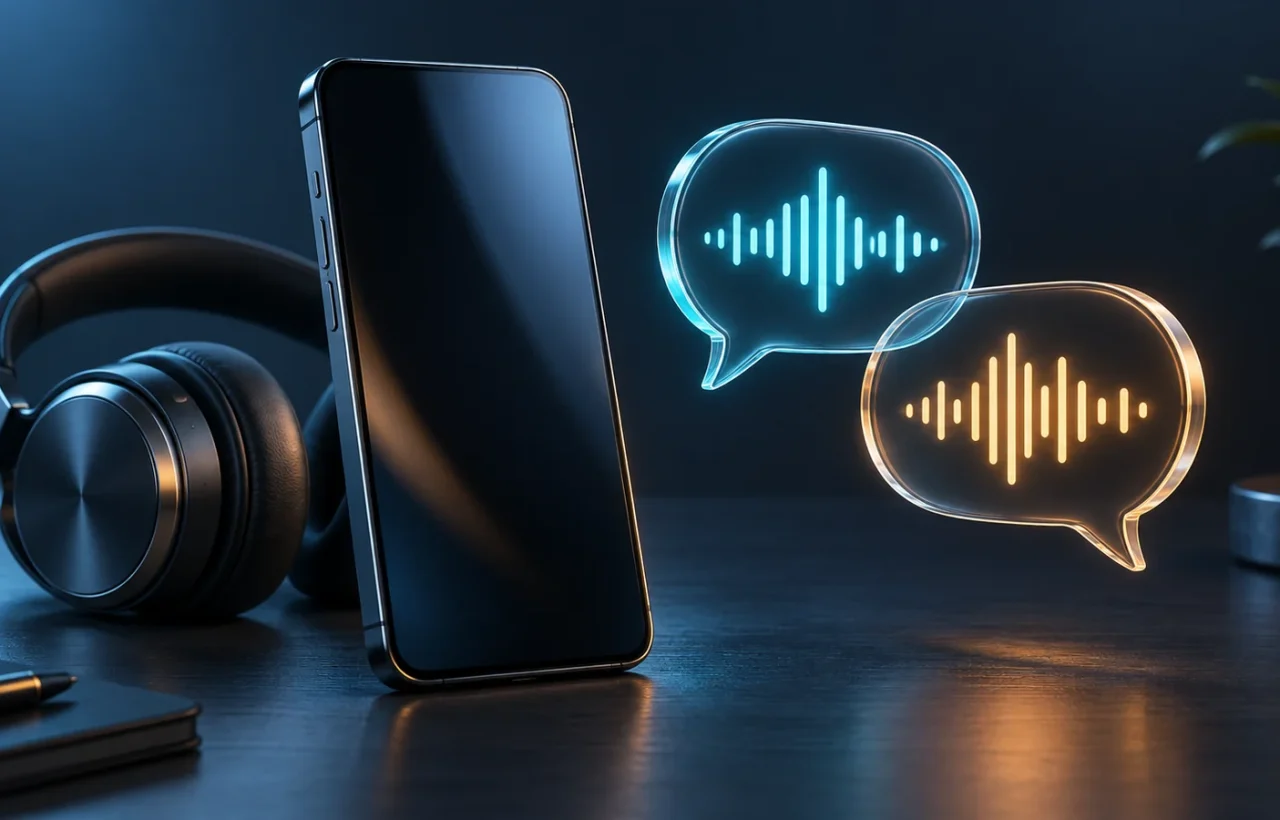Conceptual illustration of a phone with sound waves and translation symbols