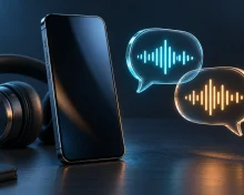 Conceptual illustration of a phone with sound waves and translation symbols