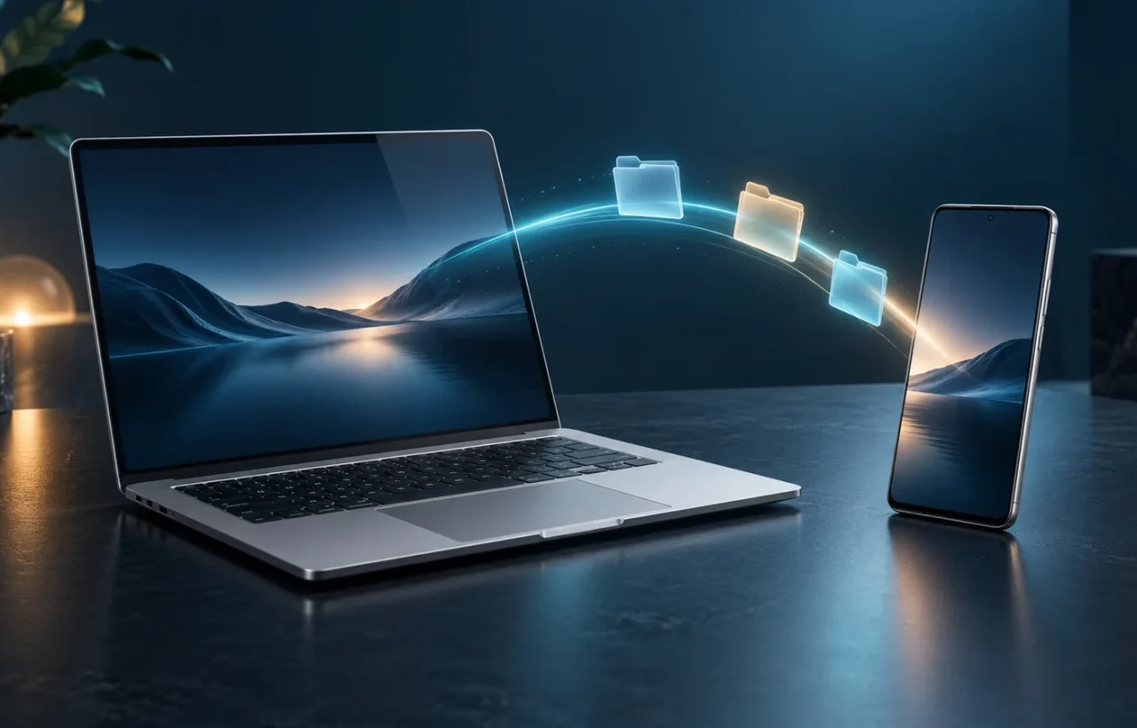 Generic laptop and smartphone connected by a glowing arc with folders