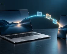 Generic laptop and smartphone connected by a glowing arc with folders