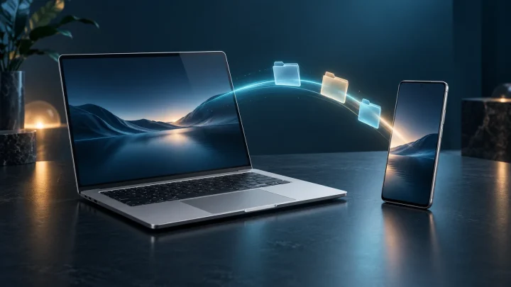 Generic laptop and smartphone connected by a glowing arc with folders