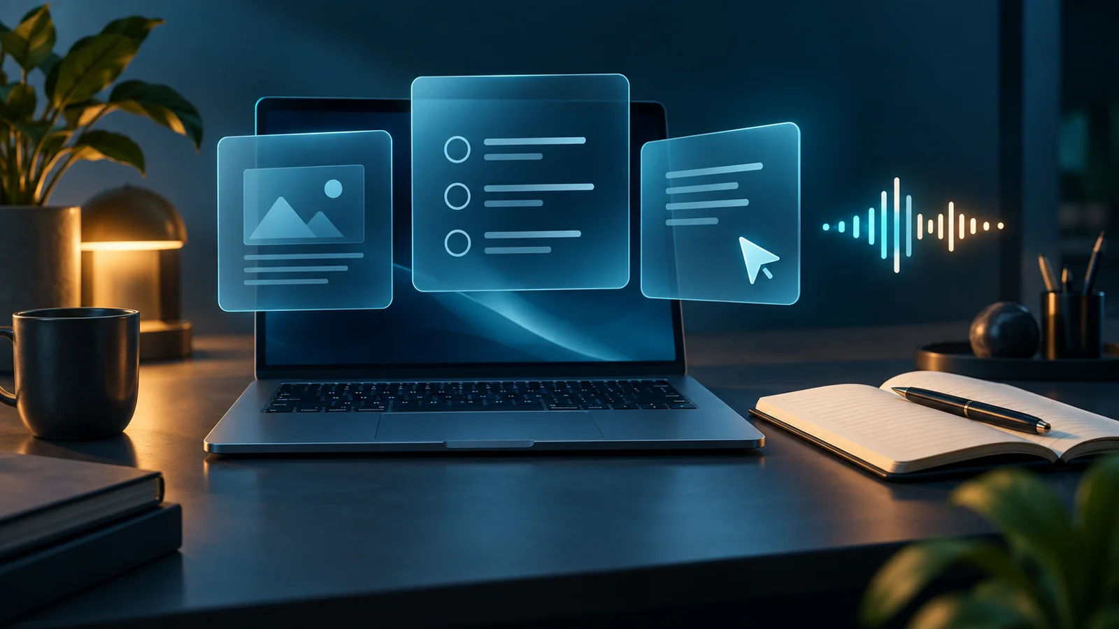 Laptop with translucent cards, a cursor and a voice waveform