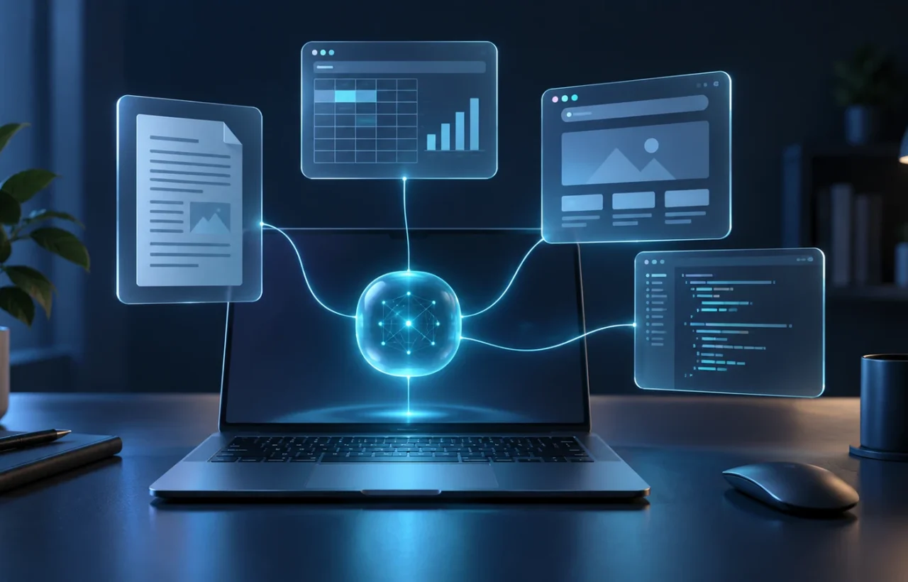 Editorial illustration of an AI system beside documents, a spreadsheet and a browser window