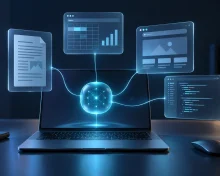 Editorial illustration of an AI system beside documents, a spreadsheet and a browser window