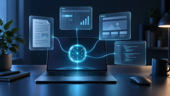 Editorial illustration of an AI system beside documents, a spreadsheet and a browser window