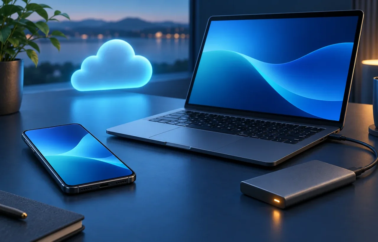 Smartphone, laptop, external storage drive and glowing cloud
