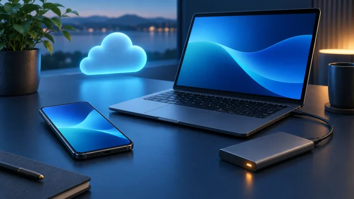 Smartphone, laptop, external storage drive and glowing cloud
