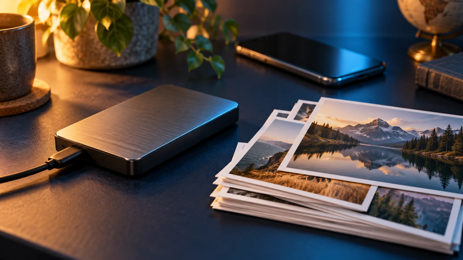 External storage drive beside a stack of landscape photographs